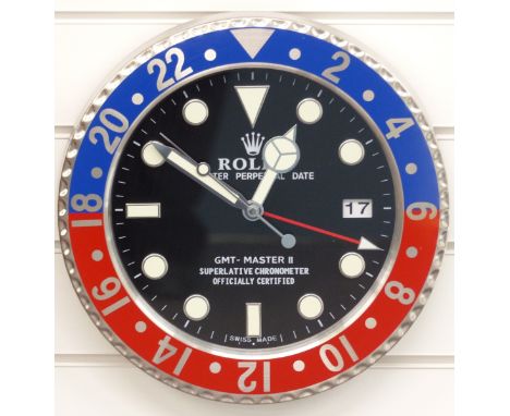 Rolex Oyster Perpetual GMT-Master II dealers shop display advertising wall clock with black face, luminous hands and markers,