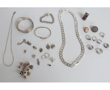 A cameo brooch, Victorian silver brooch, silver ring set with fluorite, curb link necklace, silver rings, silver bangle, etc