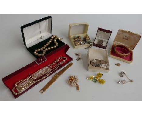 A silver locket, cufflinks, silver bangle, yellow metal pendant set with a scarab beetle, Christian Dior earrings, etc&nbsp;