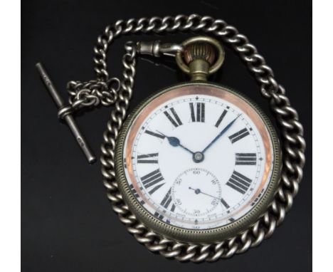 Keyless winding open faced pocket watch with subsidiary seconds dial, blued hands, black Roman numerals, white enamel dial, n