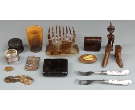 Treen items including carved shoes, snuff box in the form of a book with pull out drawer, aide memoire with owl to front, cac