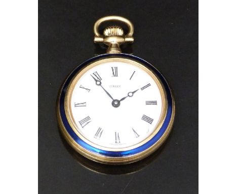 Turler gold plated keyless winding open faced ladies pocket watch with blue enamel bezel and floral inlaid case back, blued B