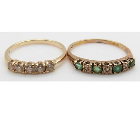 A 9ct gold ring set with diamonds and emeralds, 2g, size V and a 14ct gold ring set with cubic zirconia, 2.2g, size R