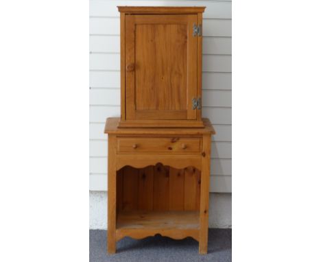 Pine side table with single drawer above shelf, W58 x D36 x H69cm and an oak corner cupboard, H64cm