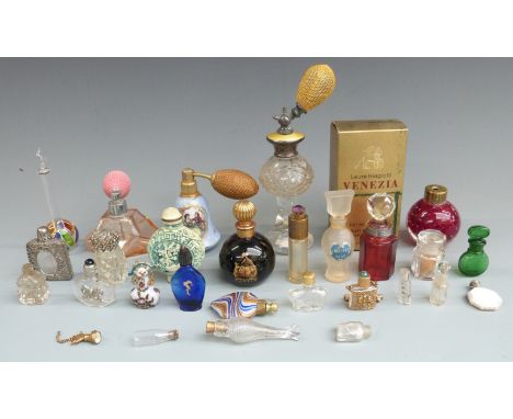 Collection of scent bottles and atomizers including a yellow guilloche' enamel example marked sterling silver, height 18cm, s