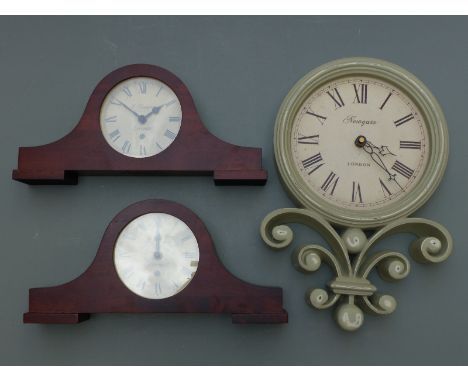 A pair of Napoleon hat style Newgate mantel clocks and a wall clock&nbsp;