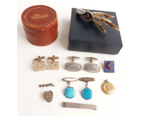 A pair of Charles Horner silver cufflinks set with blue enamel, silver tie clip, pair of silver cufflinks etc&nbsp;