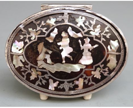 18th century silver mounted tortoiseshell&nbsp;pique ware and mother-of-pearl inlaid snuff box, the lid having a scene of thr