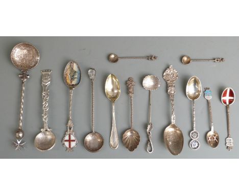 Chinese white metal Wang Hing spoon, American spoon with floral decoration marked Sterling and two enamel spoons marked 925S,