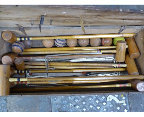 Vintage cased croquet set with eight mallets and two children's mallets etc, some marked F Hayres, London