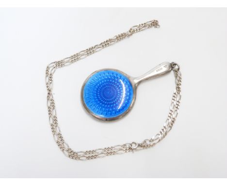 Art Deco hallmarked silver pendant/ miniature mirror set with blue guilloché enamel Birmingham 1923&nbsp;