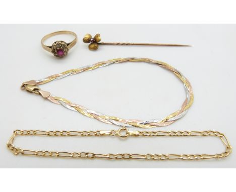 Two 9ct gold bracelets (2.4g), a yellow metal flower stick pin set with a ruby and a 9ct gold ring