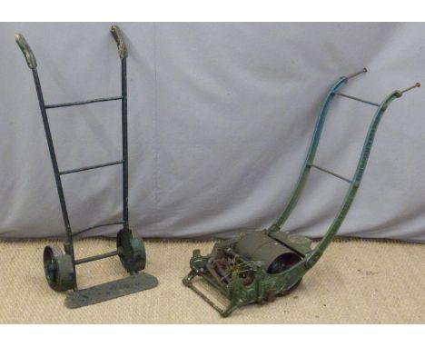 19th/20thC cast iron lawnmower 'Drummond Brothers Guildford' and a vintage sack truck, H90cm