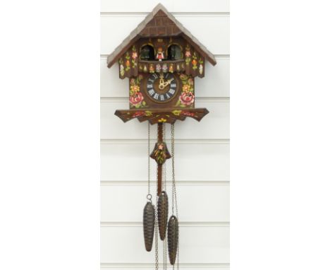 German three train cuckoo clock with musical automaton dancers feature on the hour and half hour, 29cm tall&nbsp;