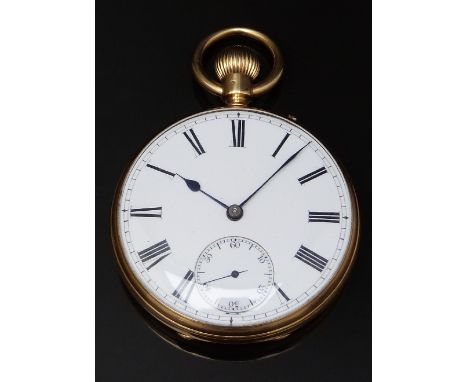 Alfred Smythson 18ct gold keyless winding open faced pocket watch with inset subsidiary seconds dial, blued hands, black Roma