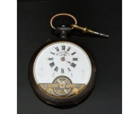 Hebdomas keyless winding open faced pocket watch with visible escapement, gold hands, black Roman numerals, white enamel dial