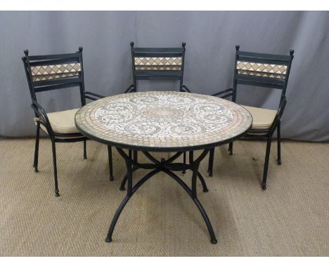 Tile top garden table and six chairs, D110 x H73cm