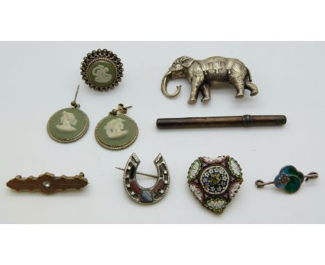 A collection of jewellery including Charles Horner brooch set with enamel, Wedgwood earrings and ring, elephant brooch, rolle