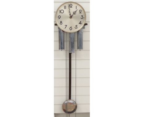 German made mid 20thC caseless wall clock with three chromium plated weights, matching pendulum bob and 30cm Arabic dial&nbsp