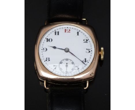 Swiss 9ct gold gentleman's wristwatch with inset subsidiary seconds dial, blued hands, Arabic numerals, white enamel dial, cu