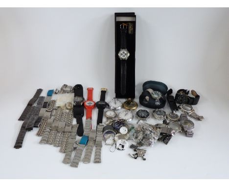 A collection of wrist and pocket watches including Casio TS-100, Smiths stopwatches, Ingersoll Leader, Philip Persio etc, som