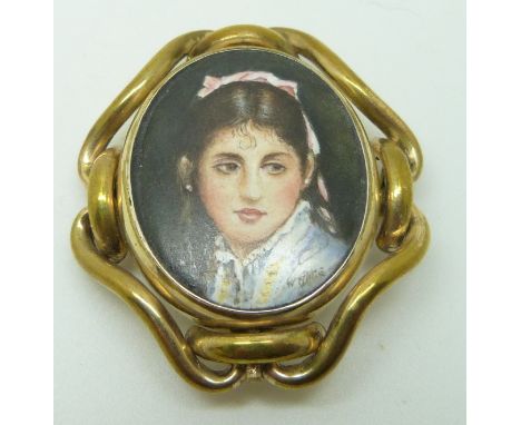 Victorian pinchbeck brooch with portrait miniature by Wendy White 1999 (Ex Royal Worcester painter), 4.5 x 5cm