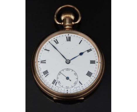 Gold plated keyless winding open faced pocket watch with inset subsidiary seconds dial, blued hands, black Arabic numerals, w
