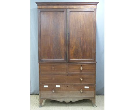 Victorian mahogany housekeeper's cupboard or linen press with four sliding shelves above four straight drawers, raised on bra