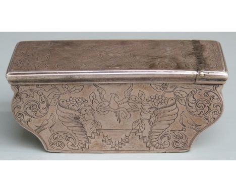 18th/19th century continental white metal snuff or similar box with hinged lid, engraved floral and bird decoration and gilt 