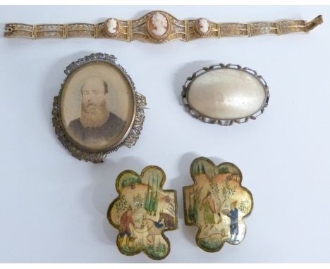 A filigree bracelet set with cameos, a mother of pearl buckle, mother of pearl brooch and a portrait minature