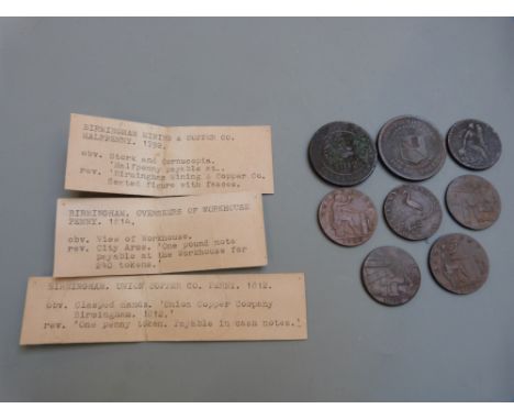 Six Birmingham 18thC Conder halfpenny tokens to include Mining and Copper Co and John Wilkinson, together with two Birmingham