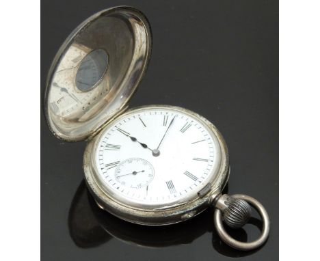 English hallmarked silver keyless winding half hunter pocket watch with blued hands, black Roman numerals, white enamel dial,