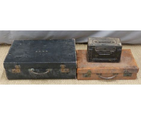 Two vintage suitcases and a military ammunition box