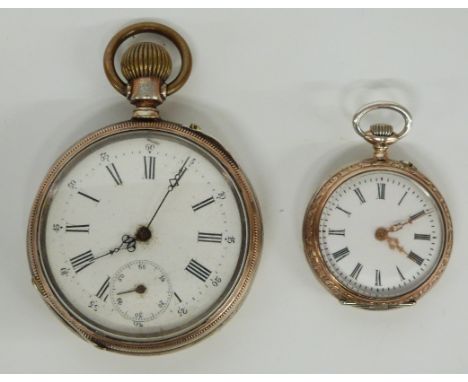 Two continental white metal keyless winding open faced pocket watches both with white enamel dials, black Roman numerals, pie