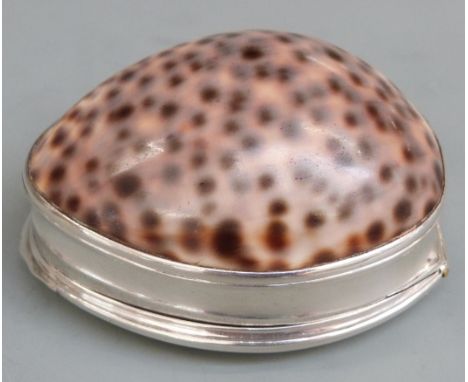 18th century silver mounted cowrie shell snuff box with engraved armorial (possibly for the Bell family) decoration to hinged