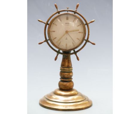 20thC Oris eight day brass novelty clock in the form of a ship's wheel, 20cm tall