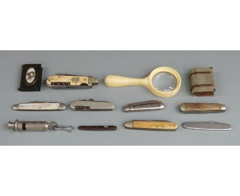 Collection of penknives including a 19thC bone handled multitool impressed Southern and Richardson, Bakelite scouting vesta,&
