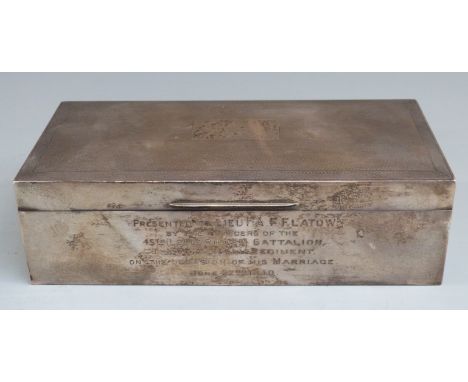 George VI hallmarked silver cigarette box with engine turned lid, Birmingham 1940 maker&nbsp;Alfred Deeley, with Tank Regimen