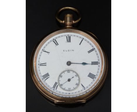 Elgin gold plated open faced pocket watch with inset subsidiary seconds dial, blued hand, black Roman numerals, white enamel 