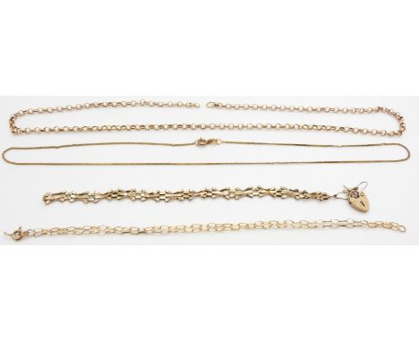 A 9ct gold belcher chain, 9ct gold bracelet, 9ct gold chain and 9ct gold gate bracelet, 9.9g