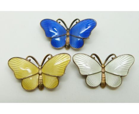 Three Norwegian silver and enamel&nbsp; butterfly brooches, 2.5 x 1.5cm