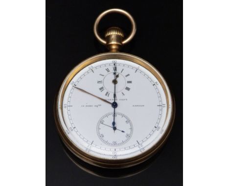 Nicole &amp; Capt 18ct gold keyless winding open faced centre seconds chronograph regulator pocket watch with inset subsidiar