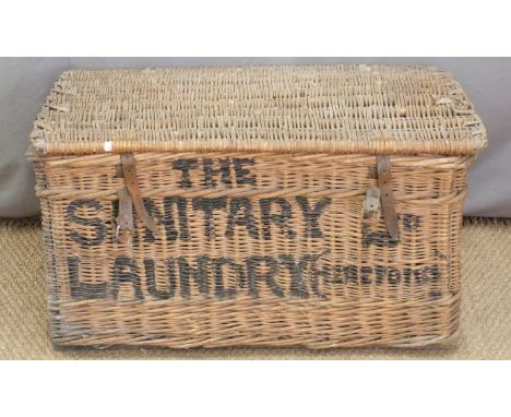 Vintage wicker laundry basket marked 'The Sanitary Laundry (Hereford) Ltd'