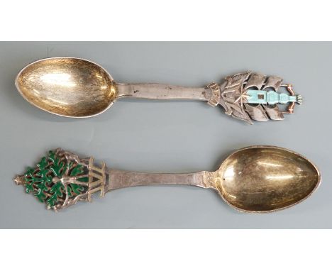 Two Danish white metal and enamel spoons, one 1930 maker Christian F Heise the other 1932 maker Johannes Siggaard, length 15.