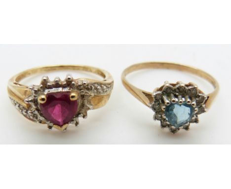 A 9ct gold ring set with a blue topaz and diamonds and another 9ct gold ring set with a faux ruby, 4.2g