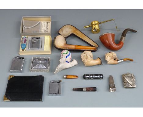 Meerschaum figural pipe with white metal mount, further pipe with hallmarked silver mount, cased example with amber stem, box