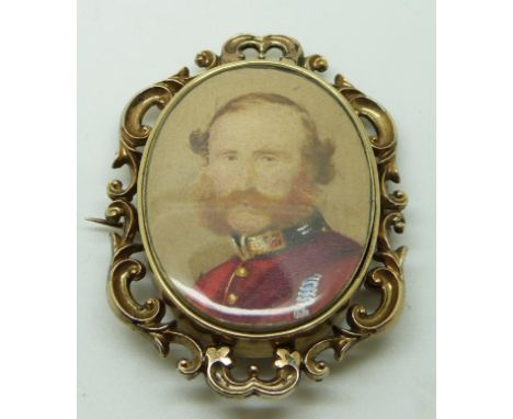 Victorian pinchbeck brooch set with a portrait miniature depicting Lord Cardigan, verso plaited hair, 4.2 x 5.5cm