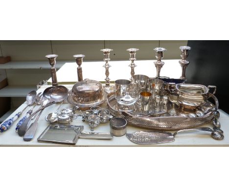 Collection of plated ware including galleried tray, length 46cm, Mappin and Webb muffin dish, three pairs of 19thC candlestic