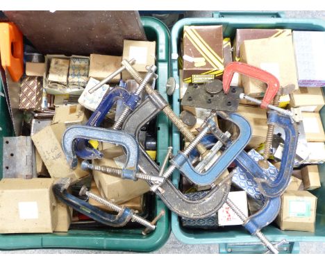 Two boxes containing a large quantity of boxed screws including slot headed wood screws, ironmongery, tools including G clamp