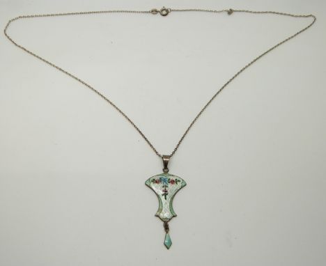 Hallmarked silver pendant set with floral&nbsp;enamel by J A &amp; S, (Birmingham 1916, length 3.8cm&nbsp;